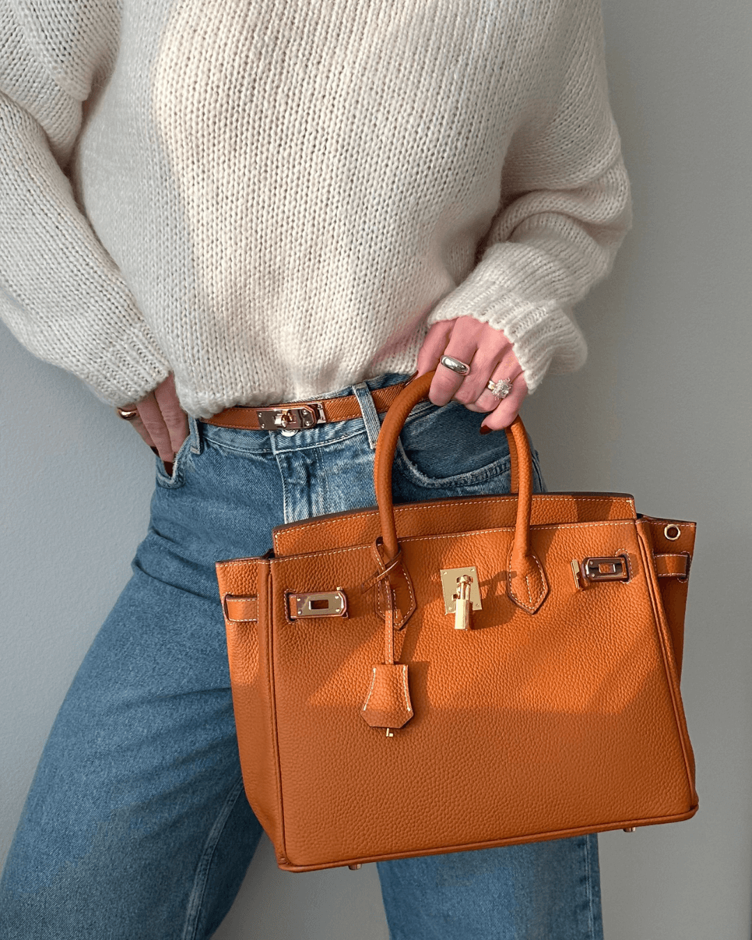 Leather Handbag with Gold Lock Hardware