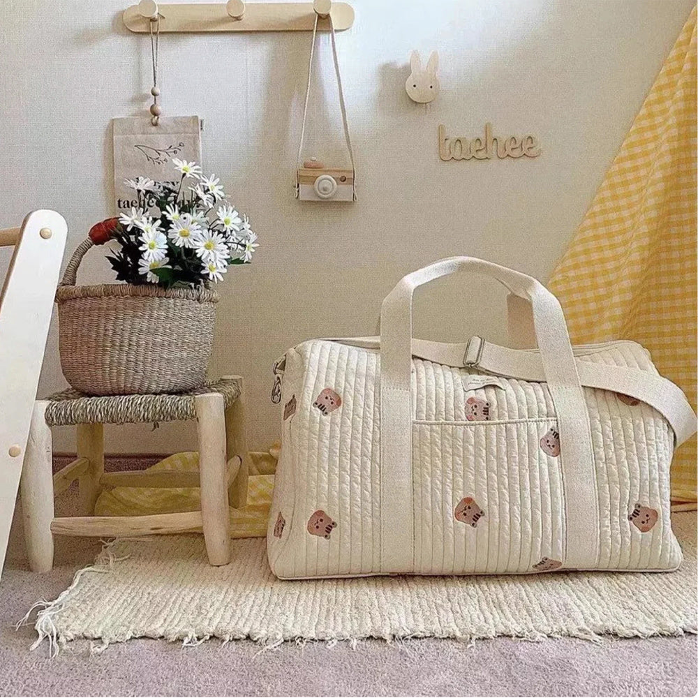 Large Bear Print Quilted Baby Bag for Maternity Travel