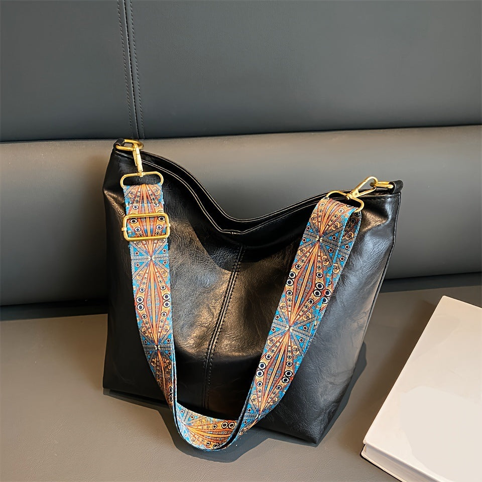 Leather Shoulder Bag for Women with Patterned Strap