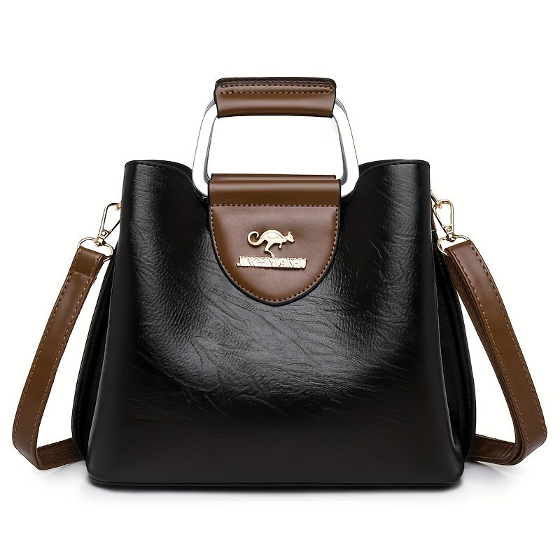 Two-Tone Leather Handbag with Gold Accent Logo