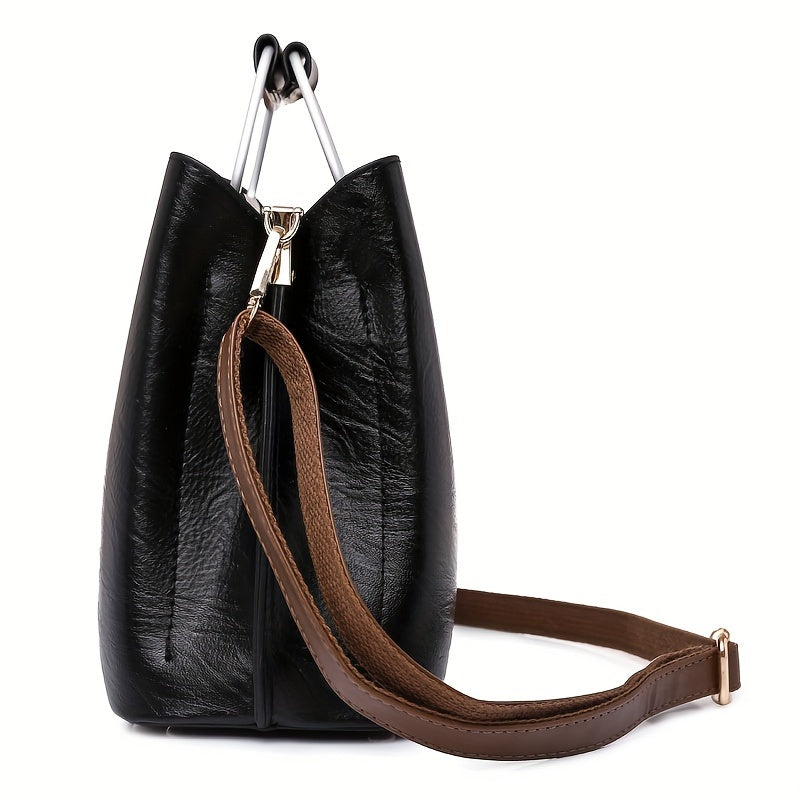 Two-Tone Leather Handbag with Gold Accent Logo
