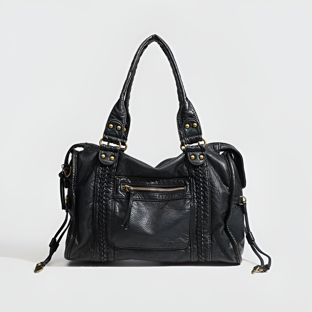 Leather Shoulder Handbag with Braided Strap & Zip Pocket