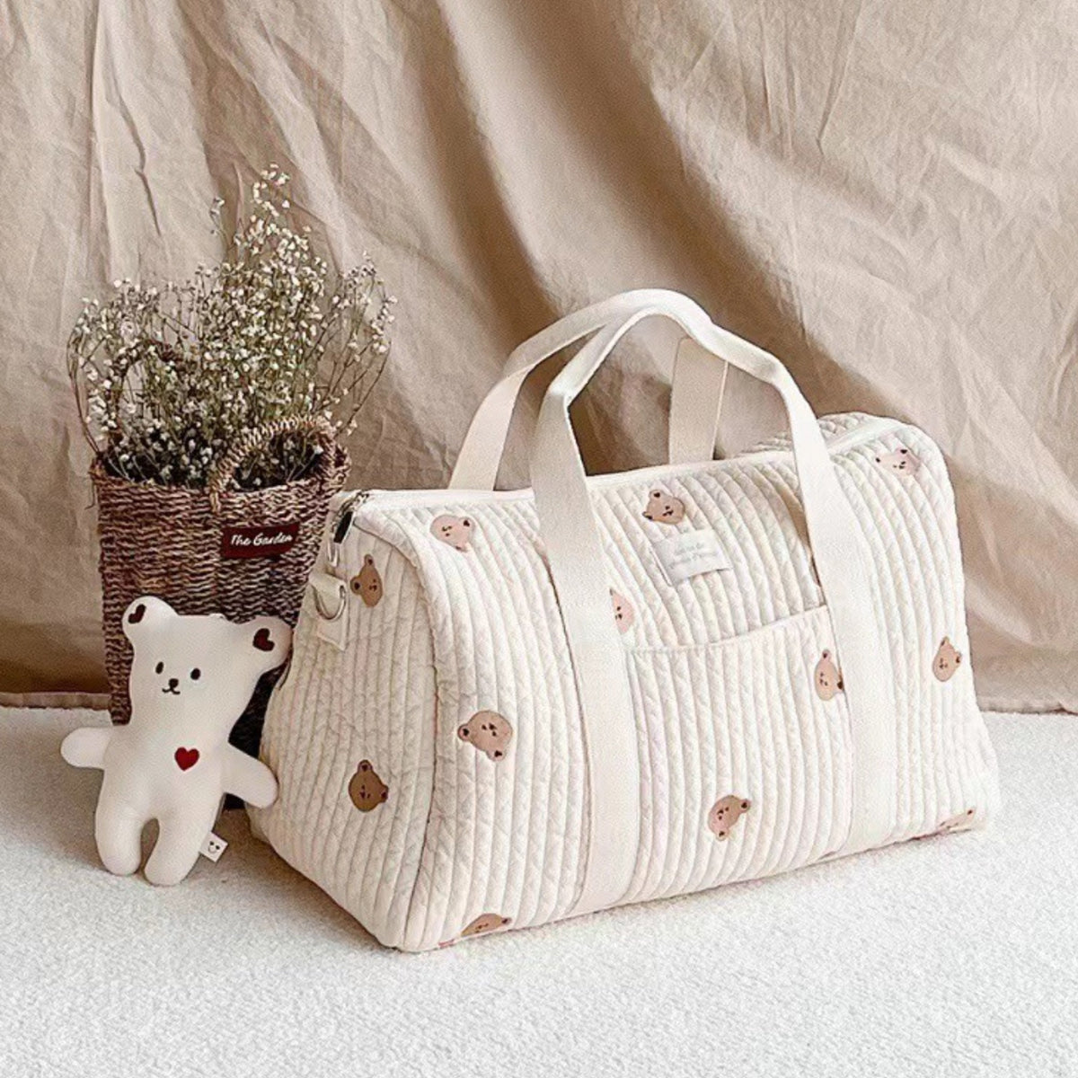 Large Bear Print Quilted Baby Bag for Maternity Travel