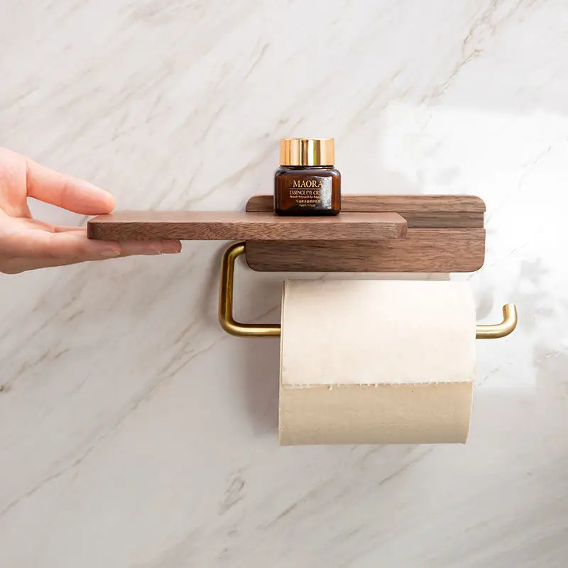 Walnut and Brass Toilet Roll Holder with Shelf
