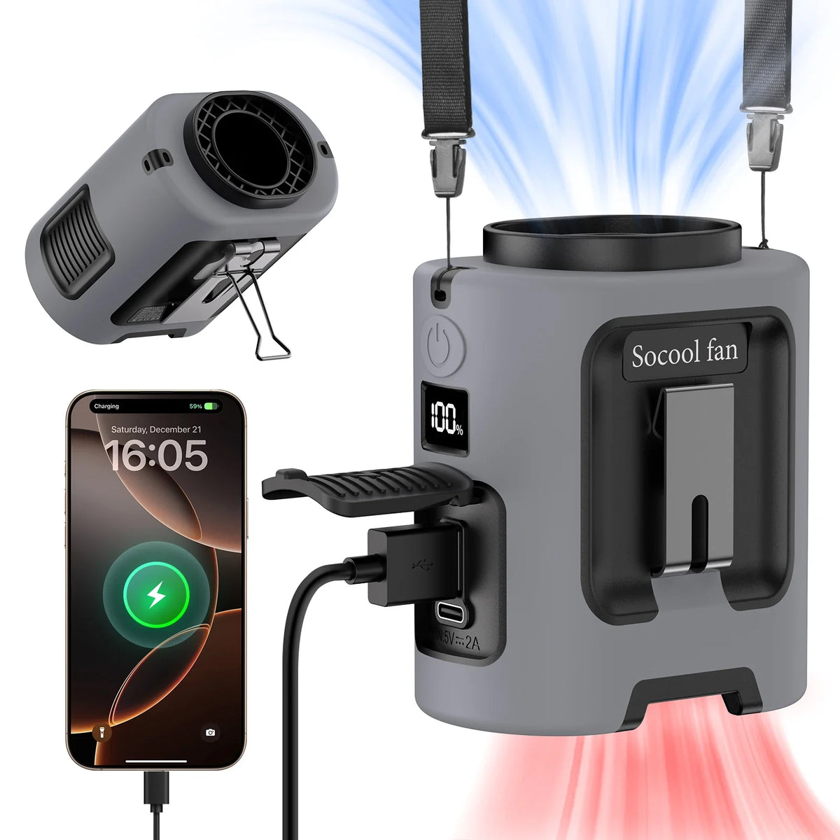 Portable 5000mAh Waist Fan with Four Speed Settings for Outdoor Use