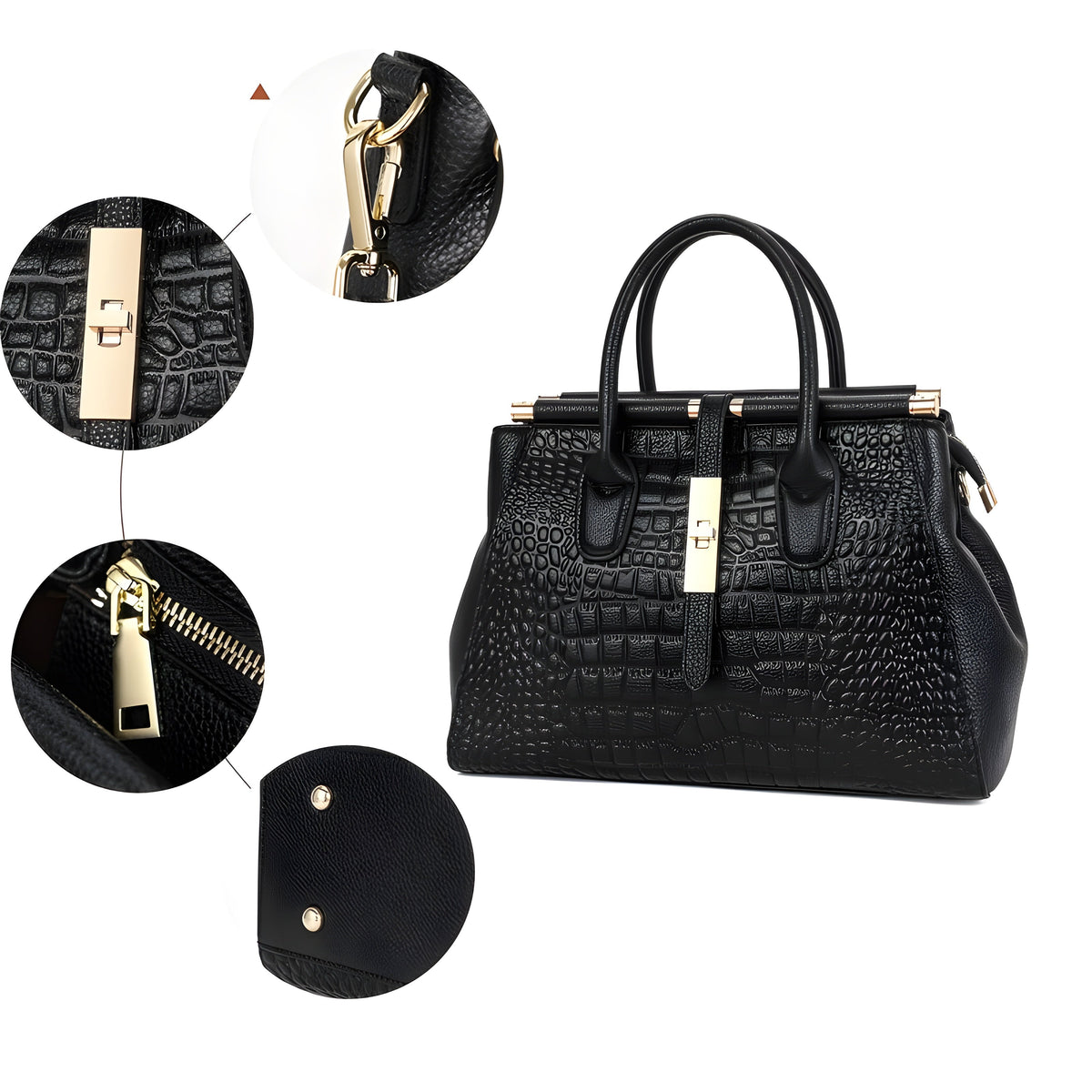Alligator Texture Leather Tote Bag with Gold Hardware