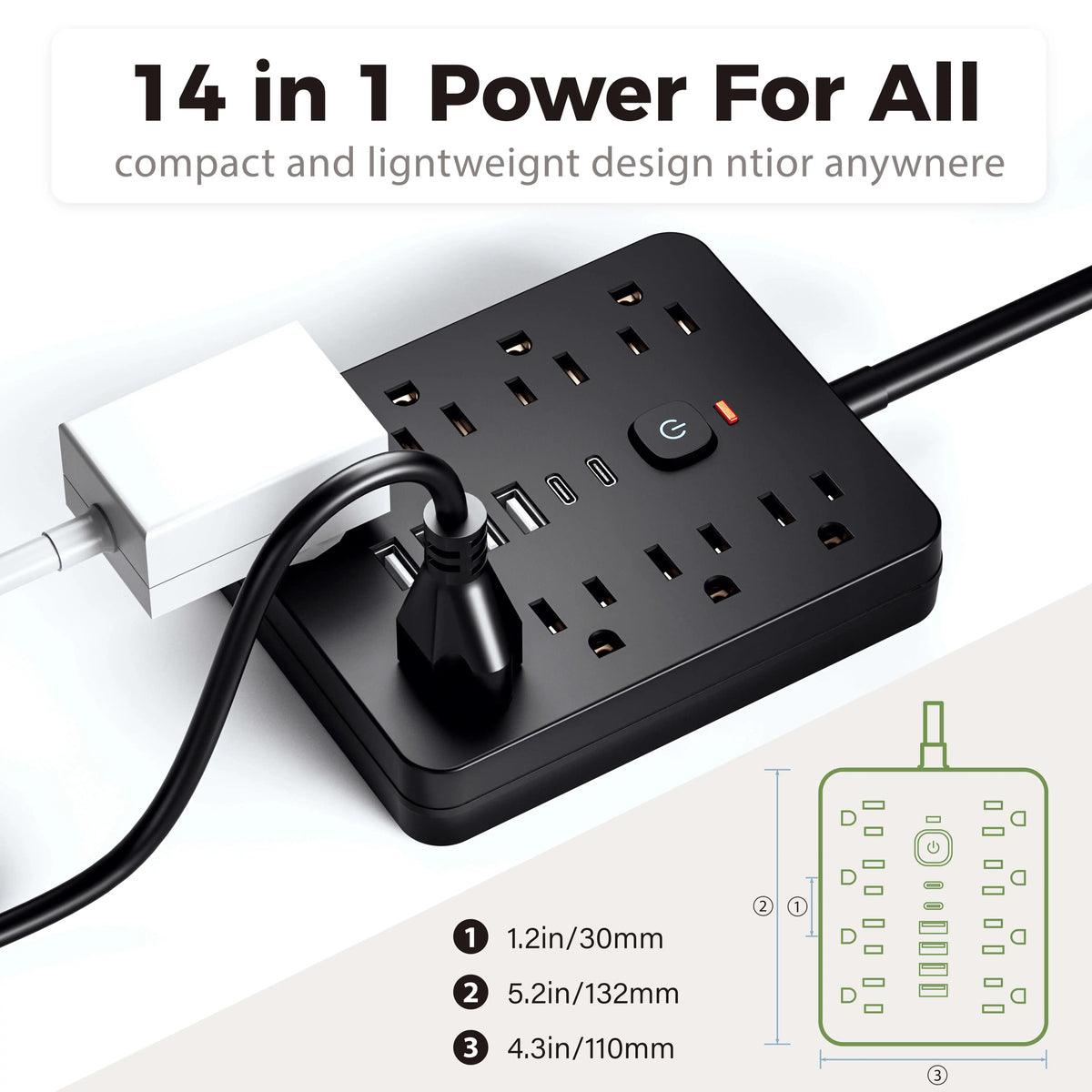 14-in-1 Power Outlet with Surge Protector and USB Ports
