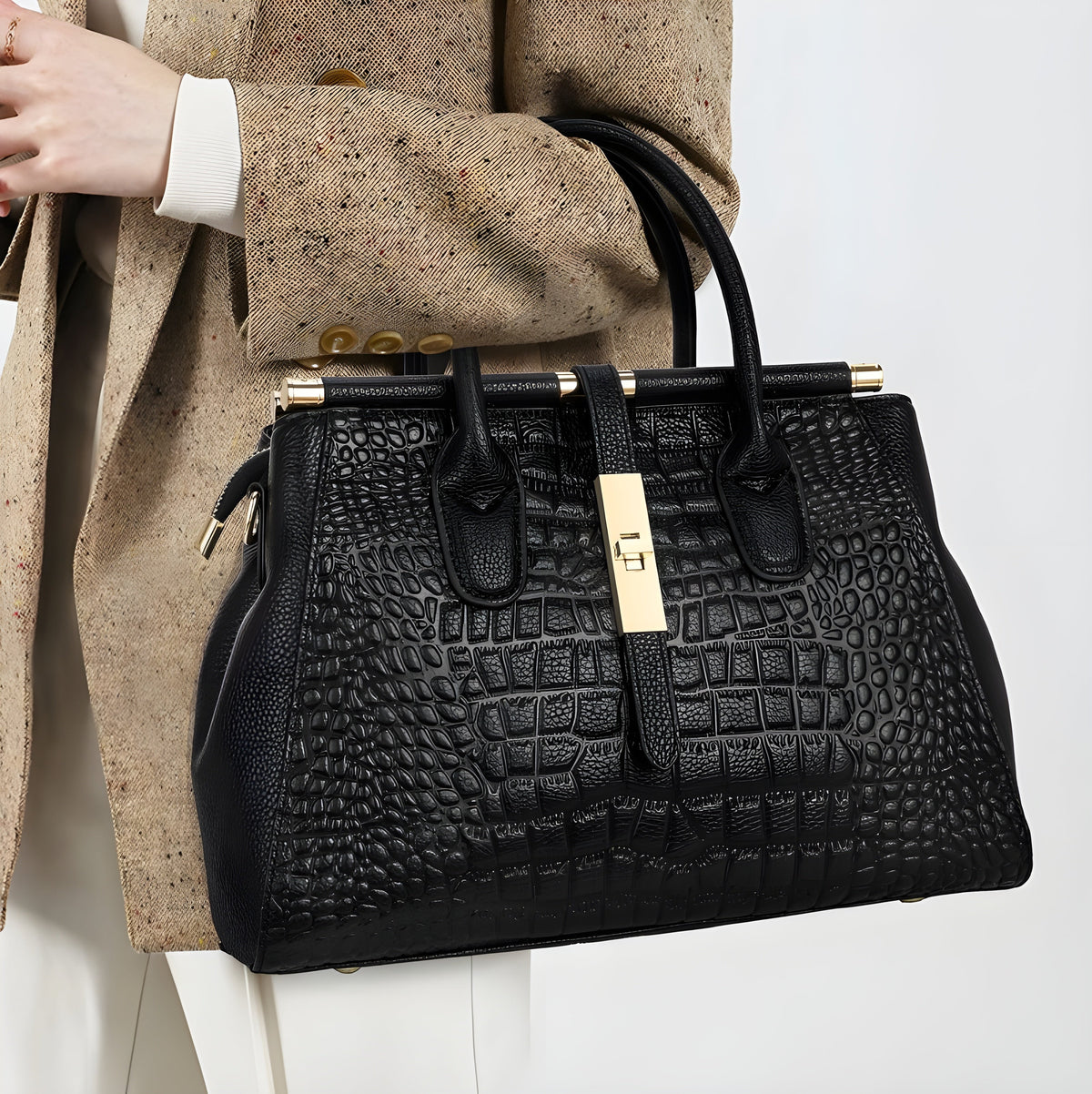 Alligator Texture Leather Tote Bag with Gold Hardware