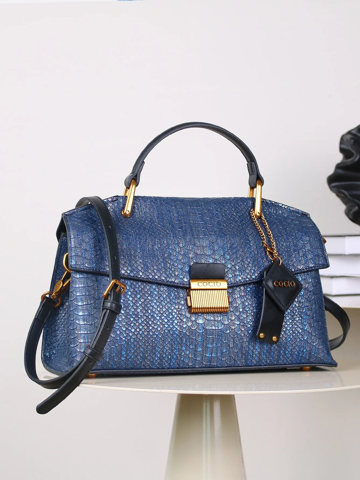 Textured Leather Shoulder Bag with Gold Hardware and Detachable Charm