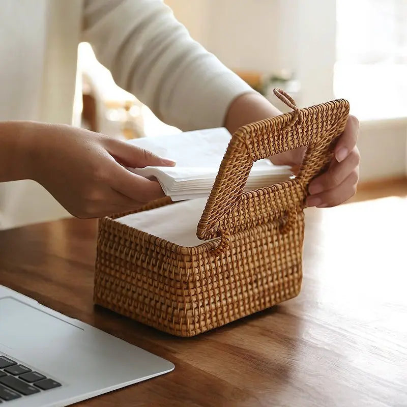 Handwoven Rattan Tissue Box Cover - Paper Towel Organizer