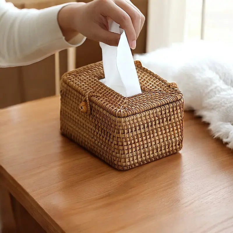 Handwoven Rattan Tissue Box Cover - Paper Towel Organizer