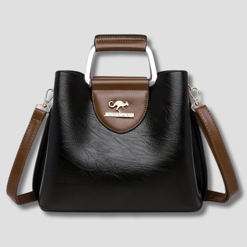 Two-Tone Leather Handbag with Gold Accent Logo