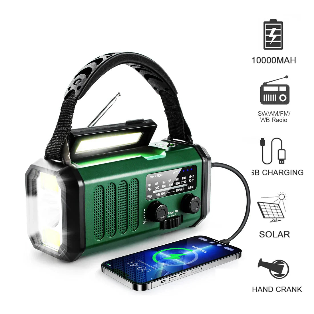 Portable Emergency Radio with Solar and Hand Crank Charging