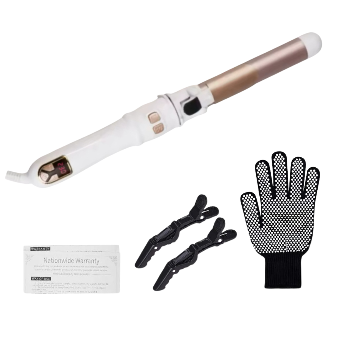 Automatic rotating curling iron with heat resistant glove and hair clips