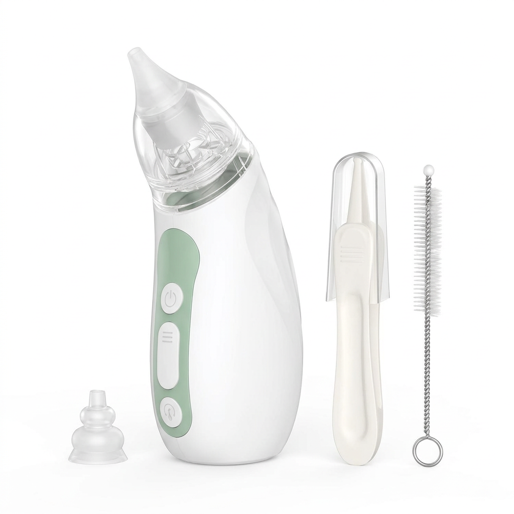 Electric baby nasal aspirator with silicone tips, tweezers and cleaning brush