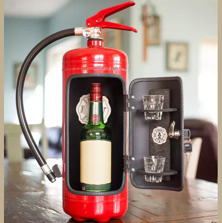 Red fire extinguisher bottle storage with shot glasses
