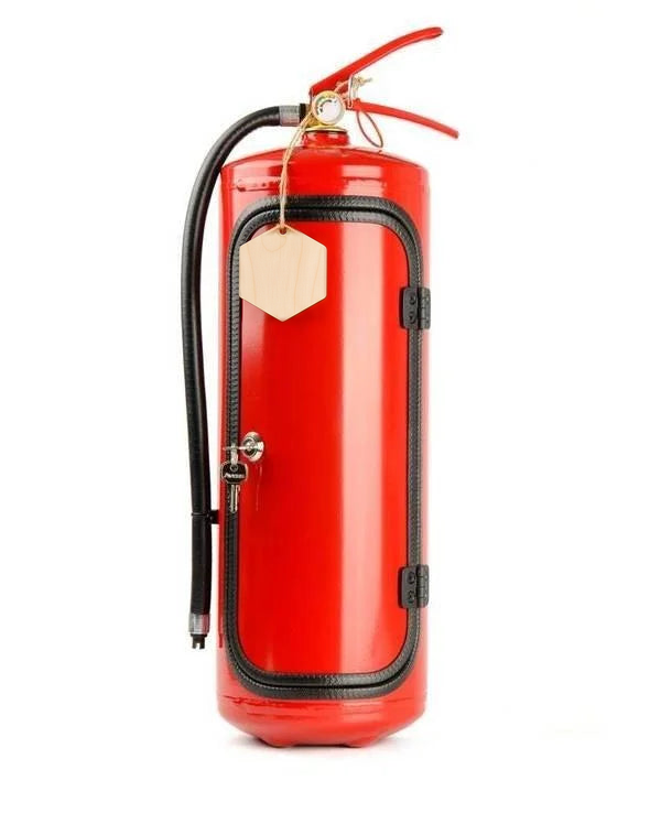 Red fire extinguisher whisky storage with wooden tag