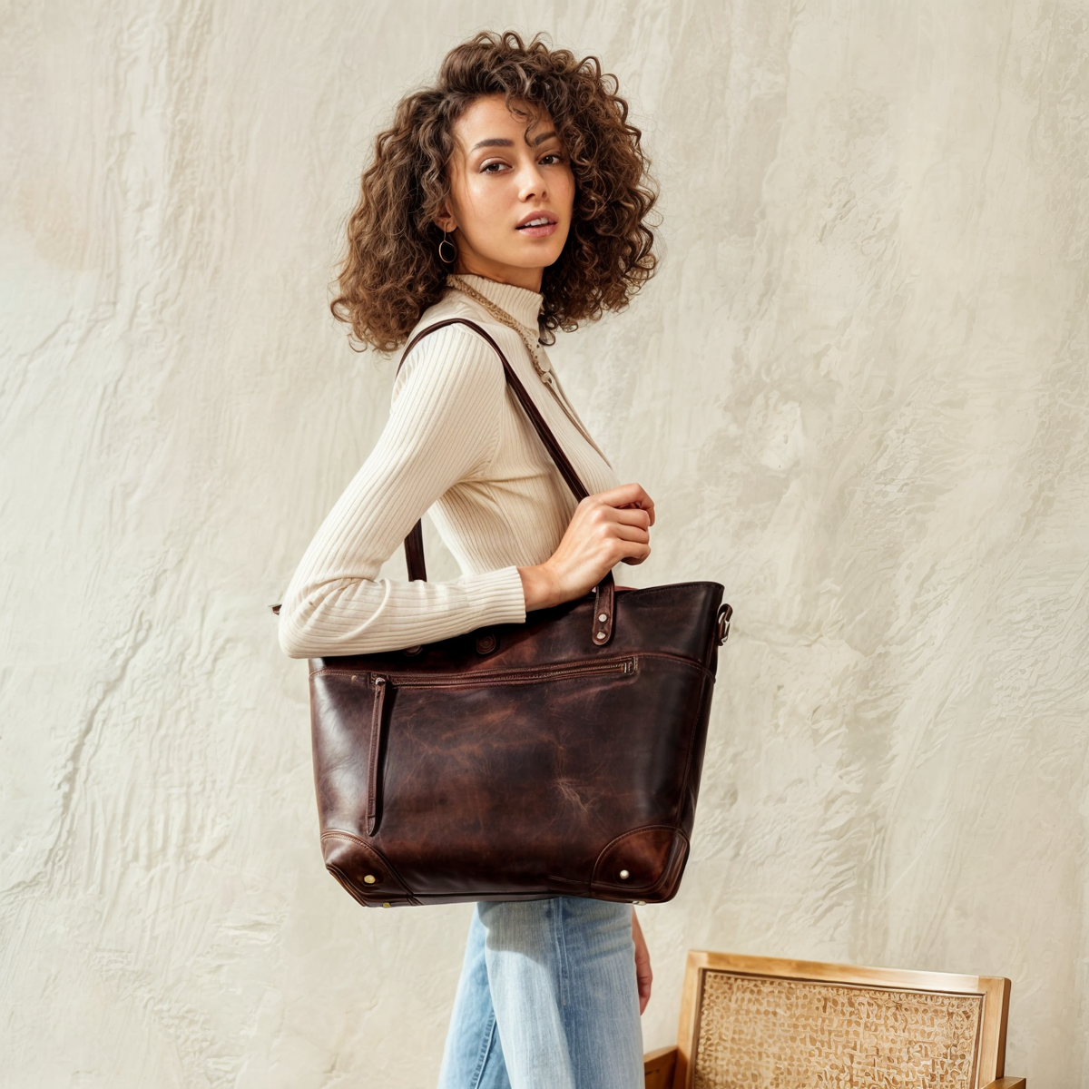 Vintage Leather Tote Bag with Adjustable Strap
