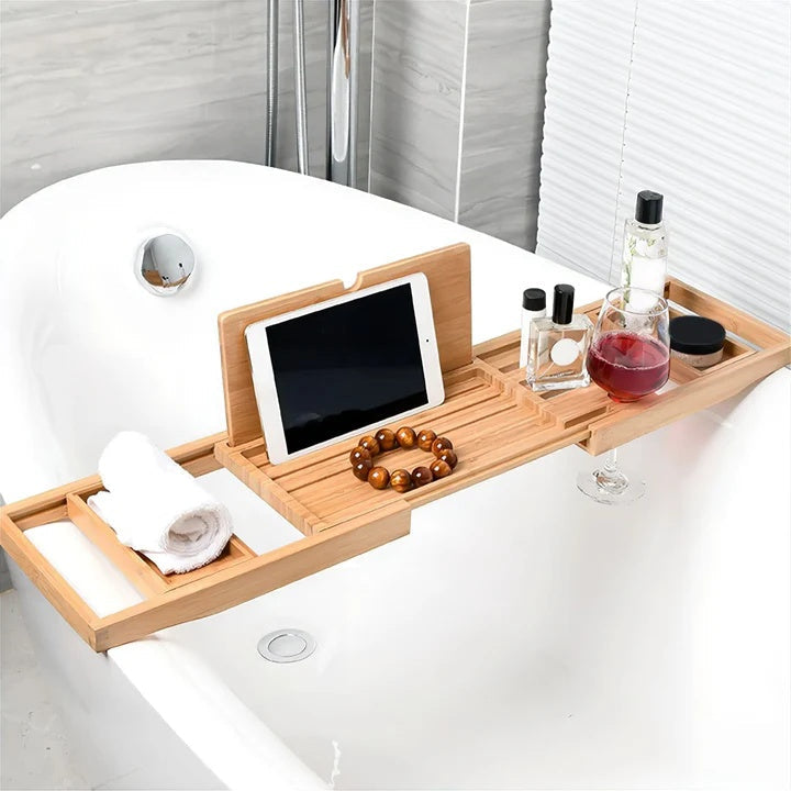 Expandable Bamboo Bath Tray with Non-slip Storage Rack
