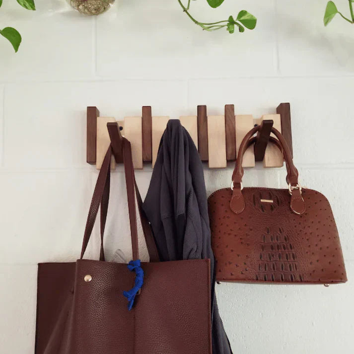 Wooden Wall Coat Rack with Piano-Style Folding Hooks