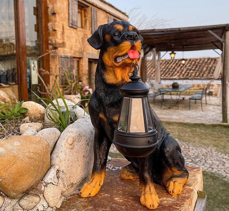 Solar Powered Garden Dog Statue with LED Light for Outdoor Decor