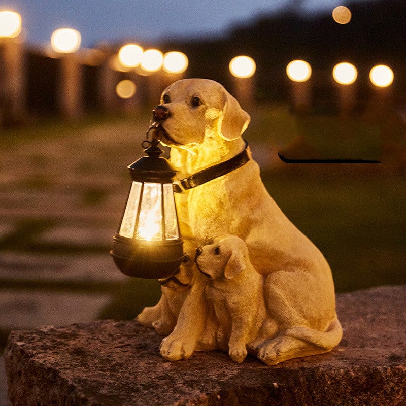 Solar Powered Garden Dog Statue with LED Light for Outdoor Decor