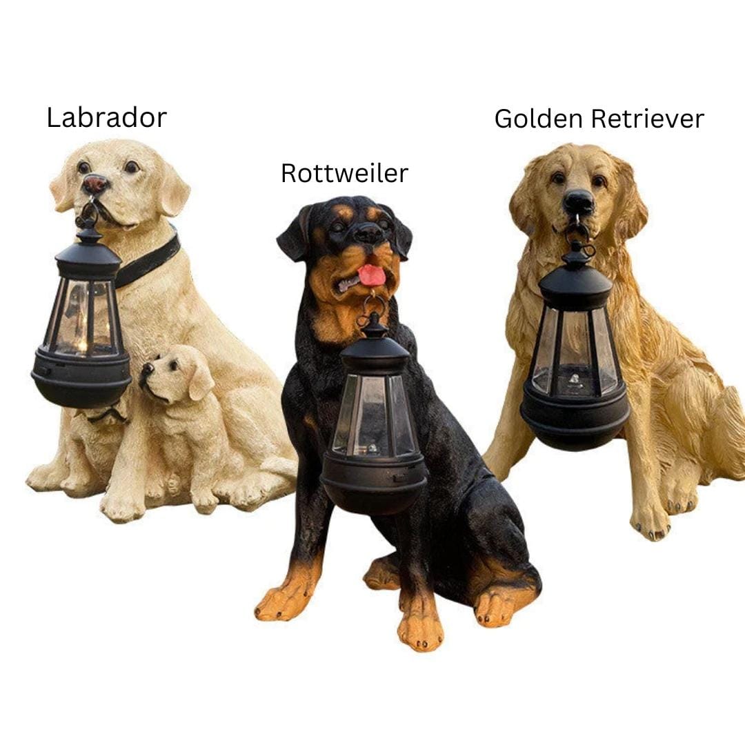 Solar Powered Garden Dog Statue with LED Light for Outdoor Decor