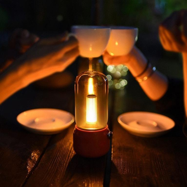 Vintage table lamp lighting an evening dinner
