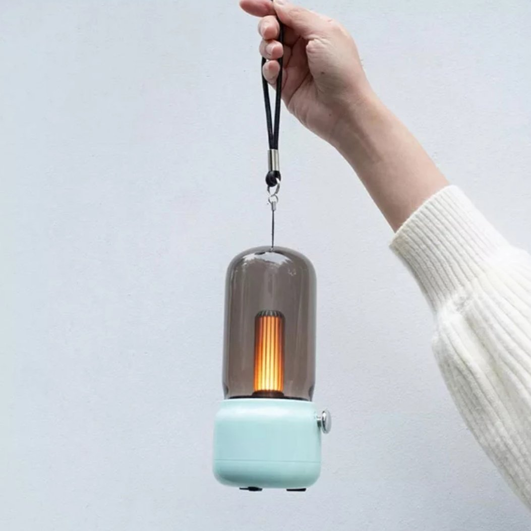 Vintage table lamp in light blue with hanging strap