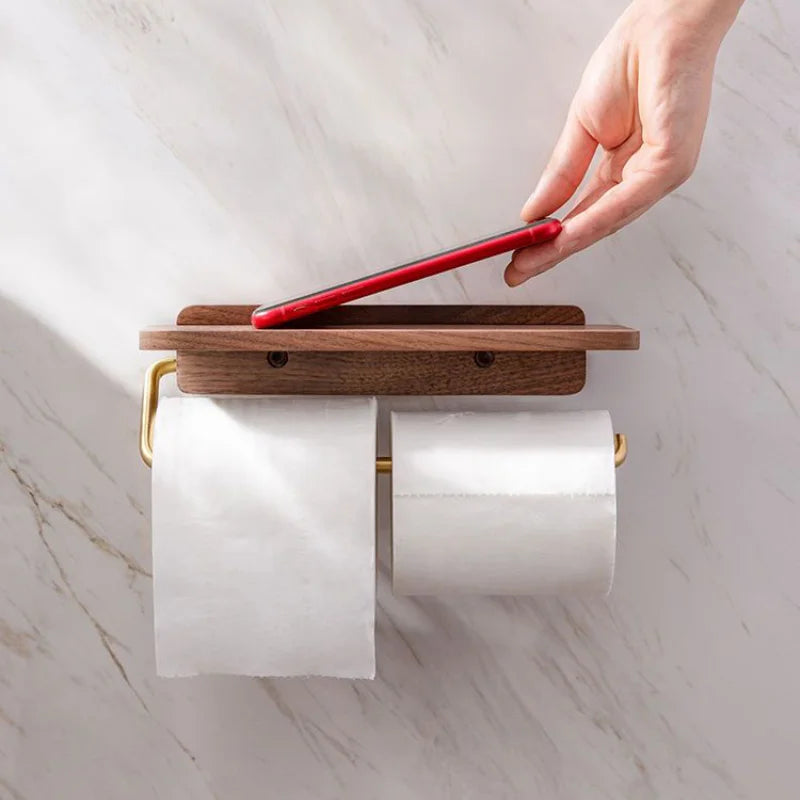 Walnut and Brass Toilet Roll Holder with Shelf