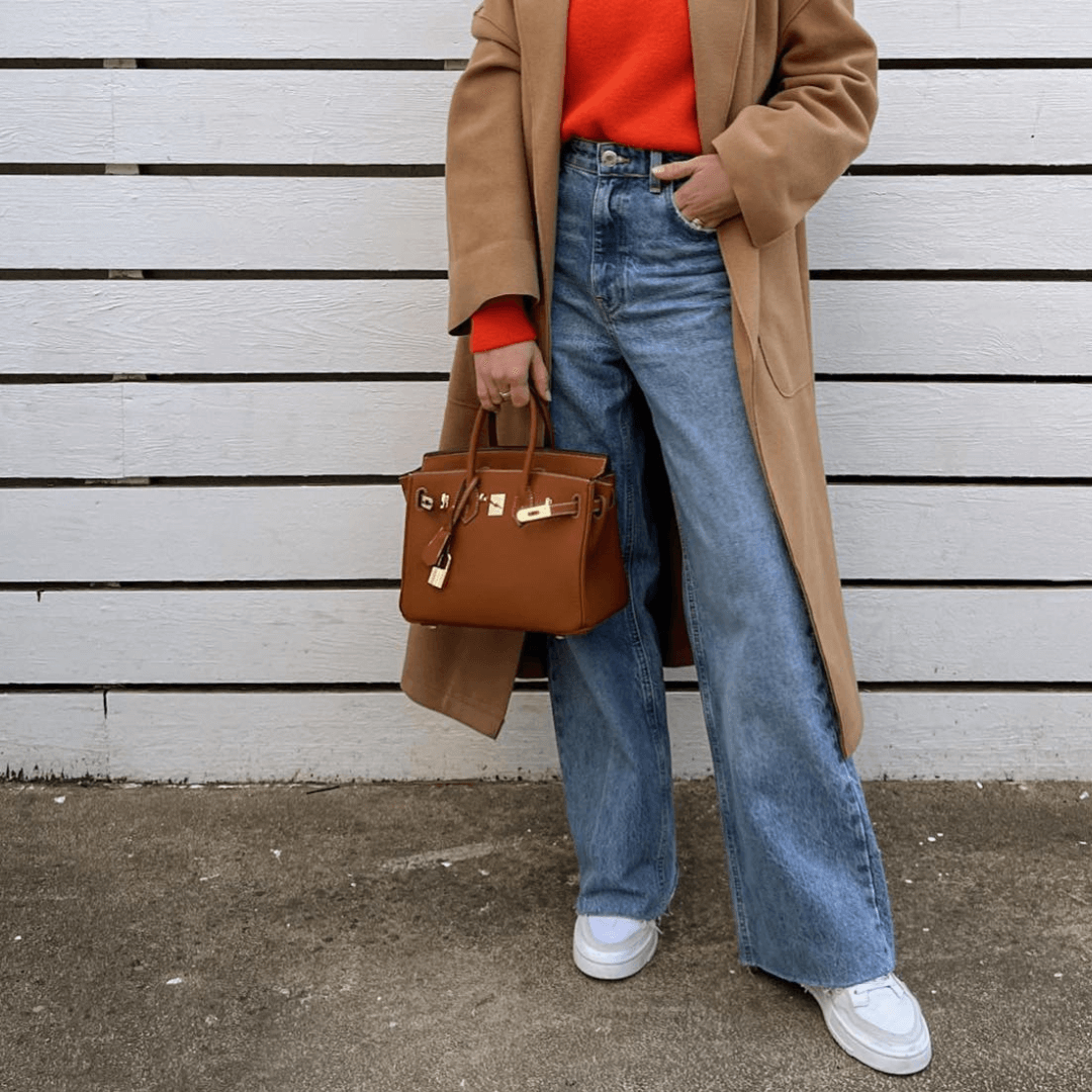 Leather Handbag with Gold Lock Hardware