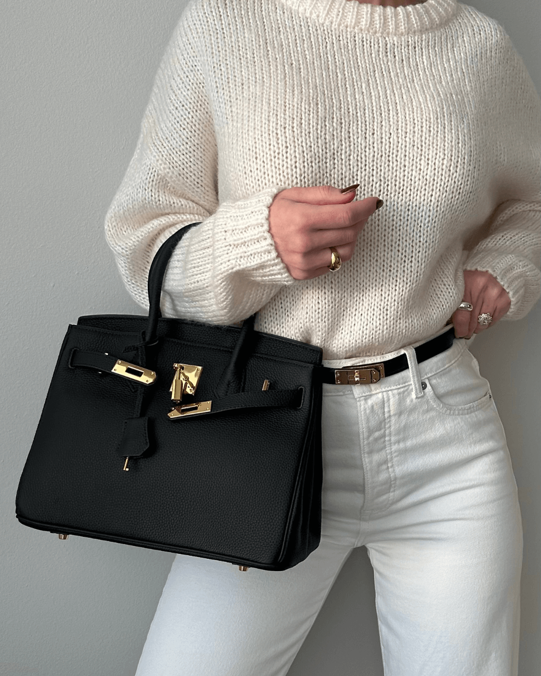 Leather Handbag with Gold Lock Hardware