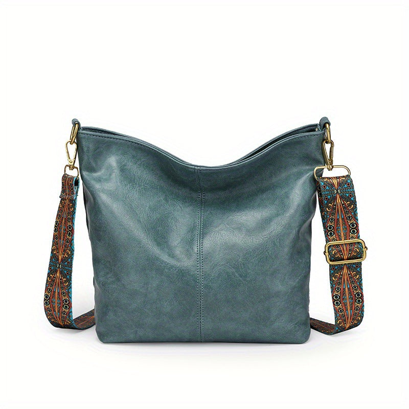 Leather Shoulder Bag for Women with Patterned Strap