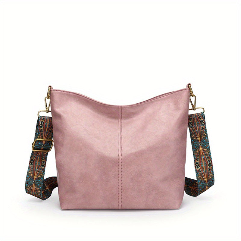 Leather Shoulder Bag for Women with Patterned Strap