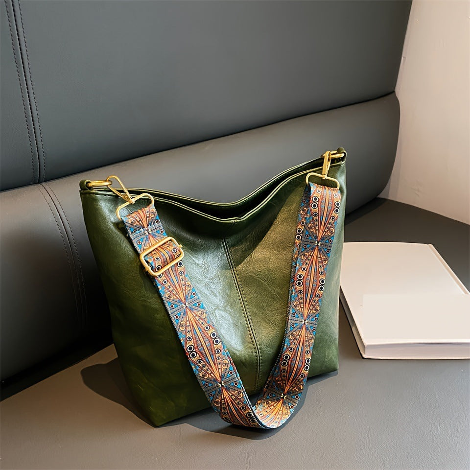 Leather Shoulder Bag for Women with Patterned Strap