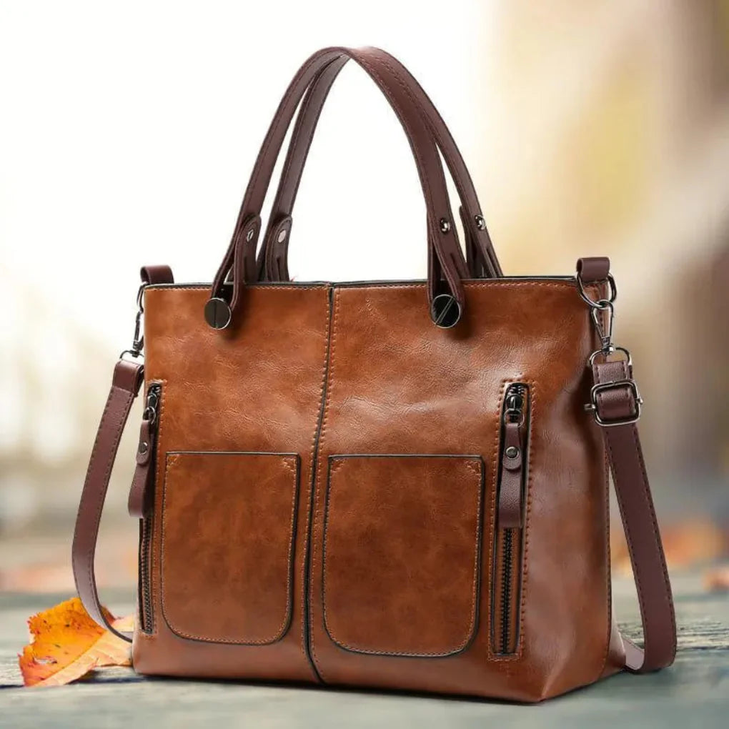Classic Leather Tote Bag with Two Pockets