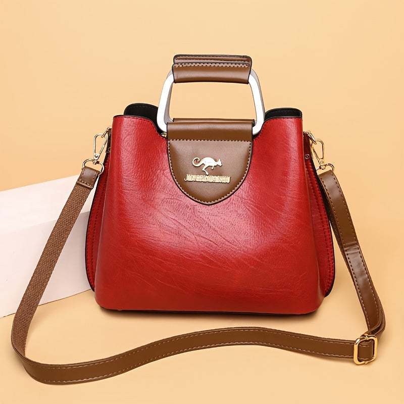 Two-Tone Leather Handbag with Gold Accent Logo