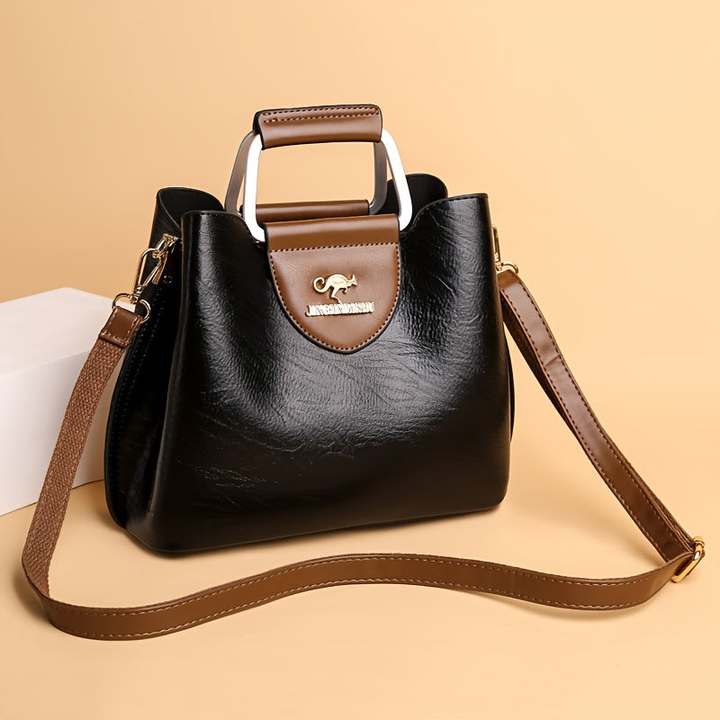 Two-Tone Leather Handbag with Gold Accent Logo