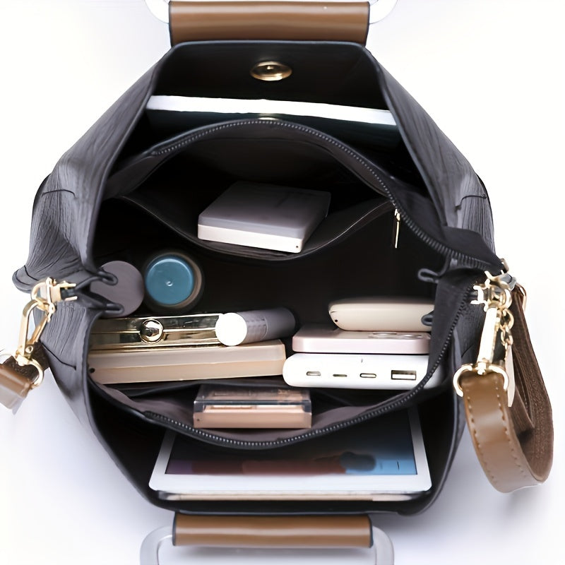 Two-Tone Leather Handbag with Gold Accent Logo