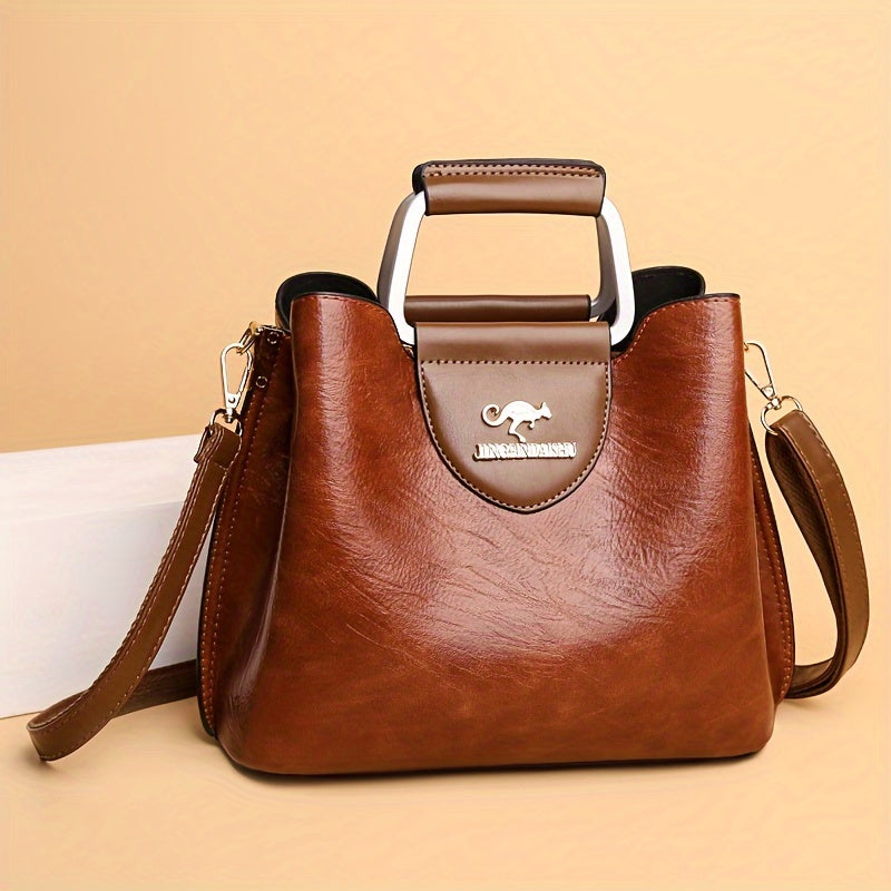 Two-Tone Leather Handbag with Gold Accent Logo
