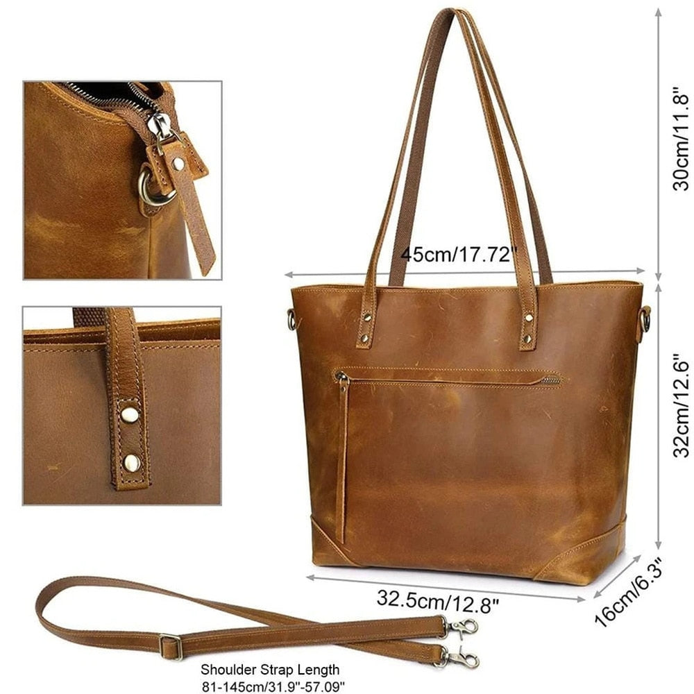 Vintage Leather Tote Bag with Adjustable Strap