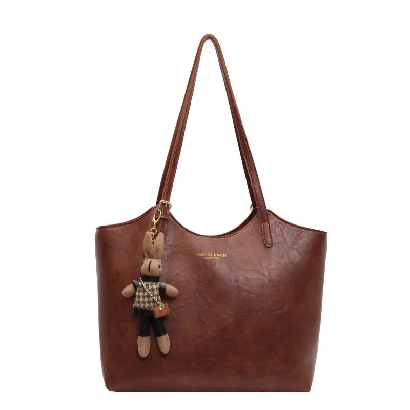 Large Vegan Leather Shoulder Bag with Detachable Charm