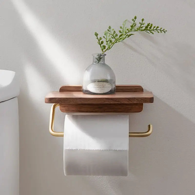 Walnut and Brass Toilet Roll Holder with Shelf