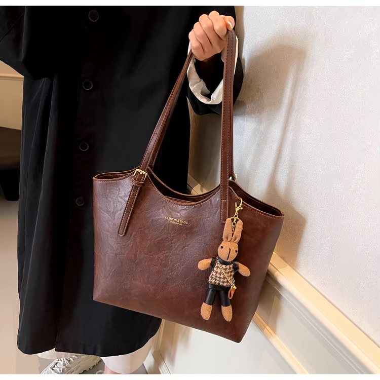 Large Vegan Leather Shoulder Bag with Detachable Charm