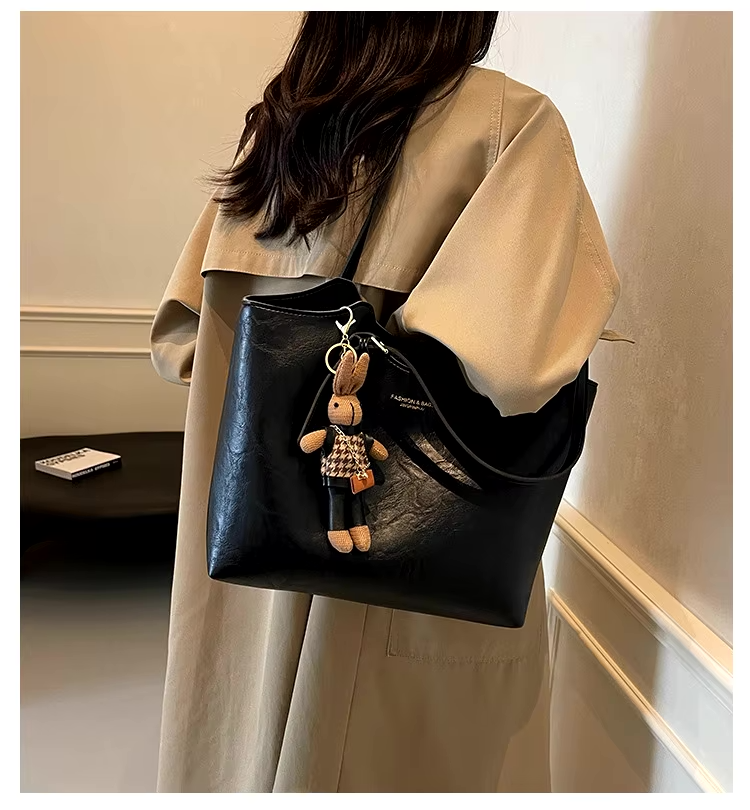 Large Vegan Leather Shoulder Bag with Detachable Charm