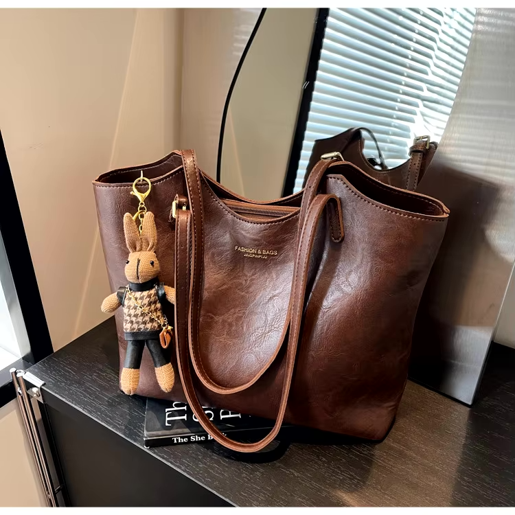 Large Vegan Leather Shoulder Bag with Detachable Charm
