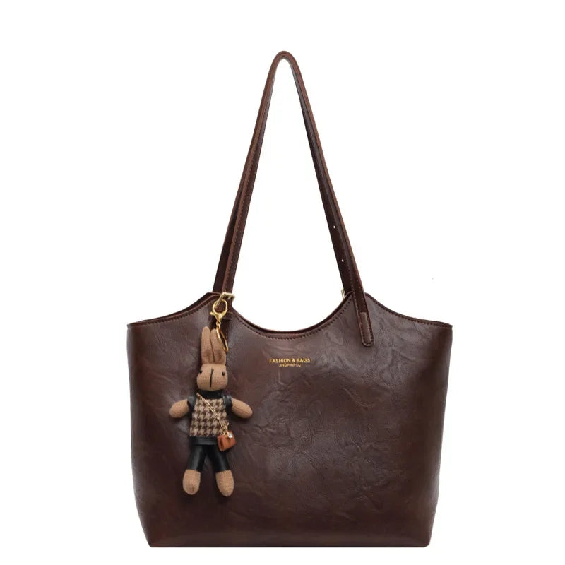 Large Vegan Leather Shoulder Bag with Detachable Charm