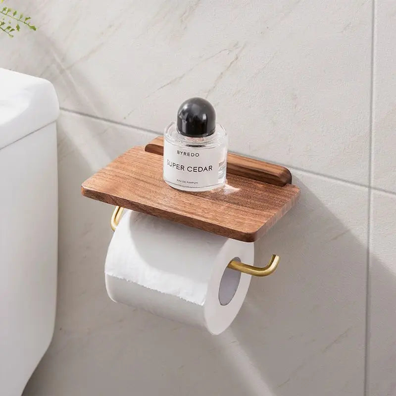 Walnut and Brass Toilet Roll Holder with Shelf
