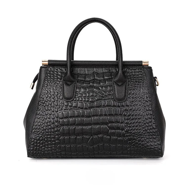 Alligator Texture Leather Tote Bag with Gold Hardware