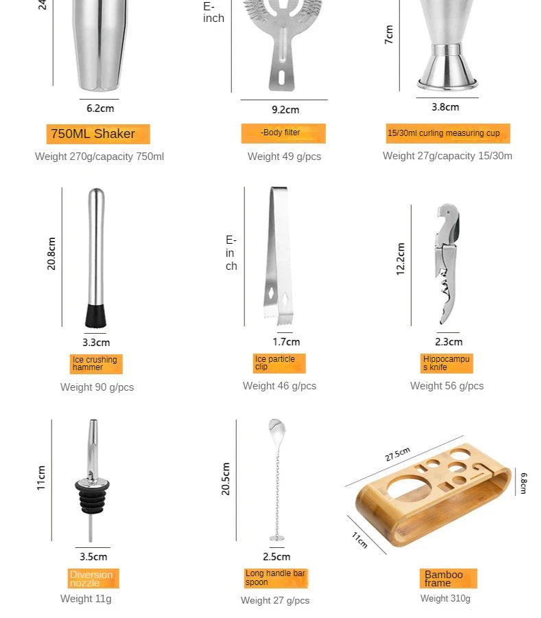 Metallic Cocktail Bar Tool Set with Complete Mixing Kit